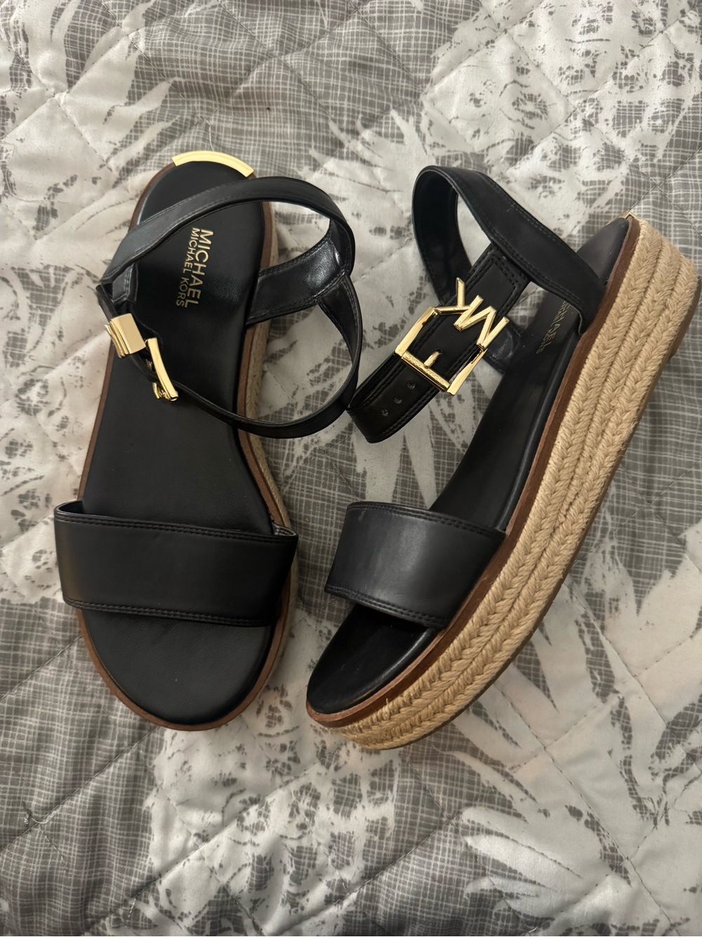 Michael Kors Black Leather Platform Espadrille Sandals with Gold Buckle